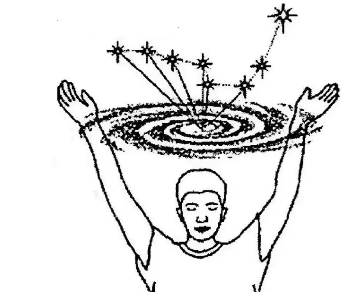 Line drawing of a serene person, eyes closed, holding up a spiral galaxy of stars in their raised hands.