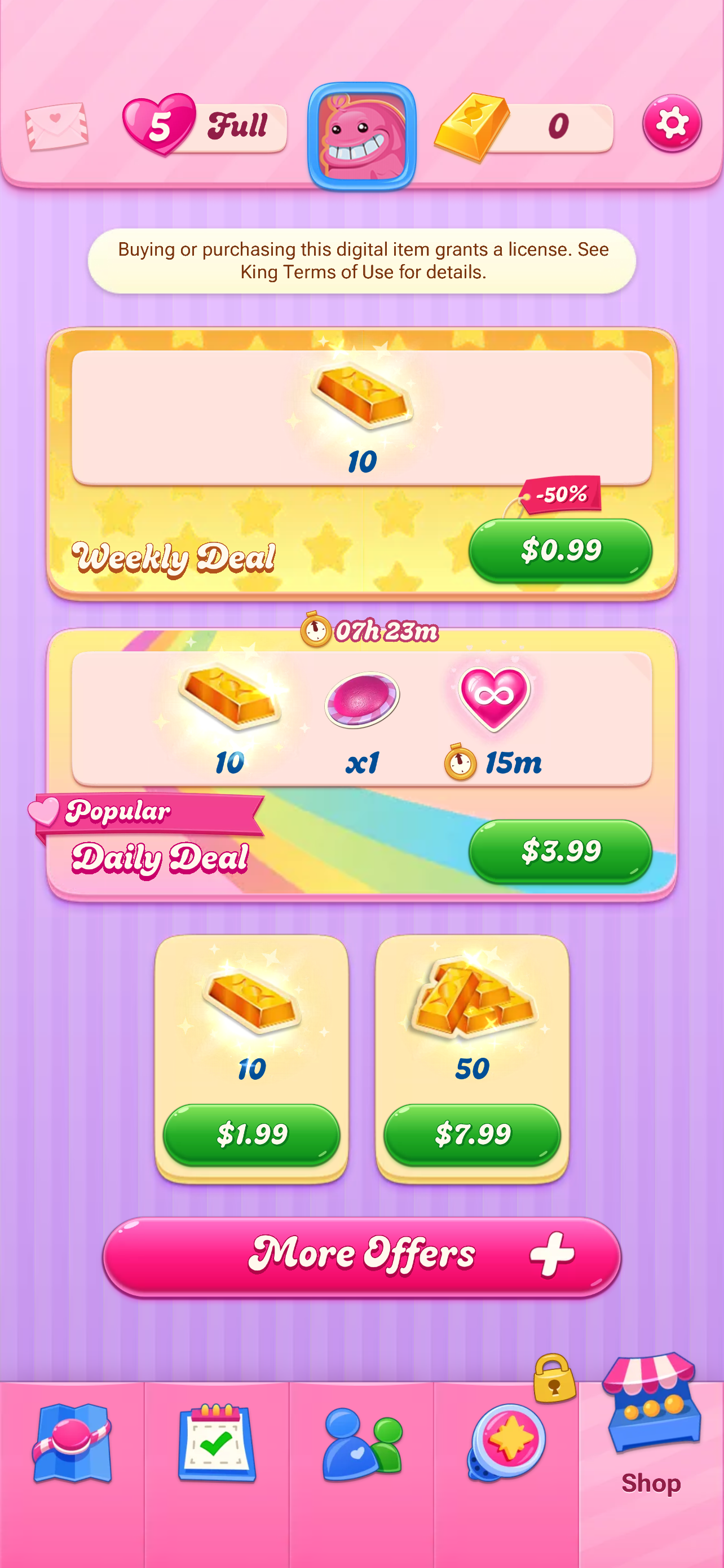 The Candy Crush shop selling lives and boosters for real money.