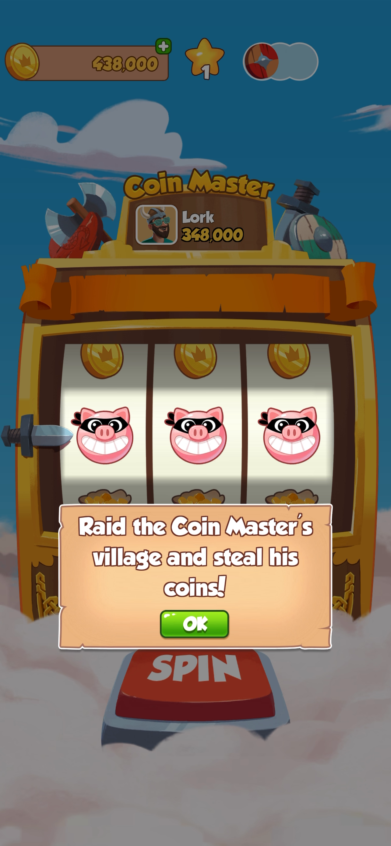 Coin Master attacking another player’s village.