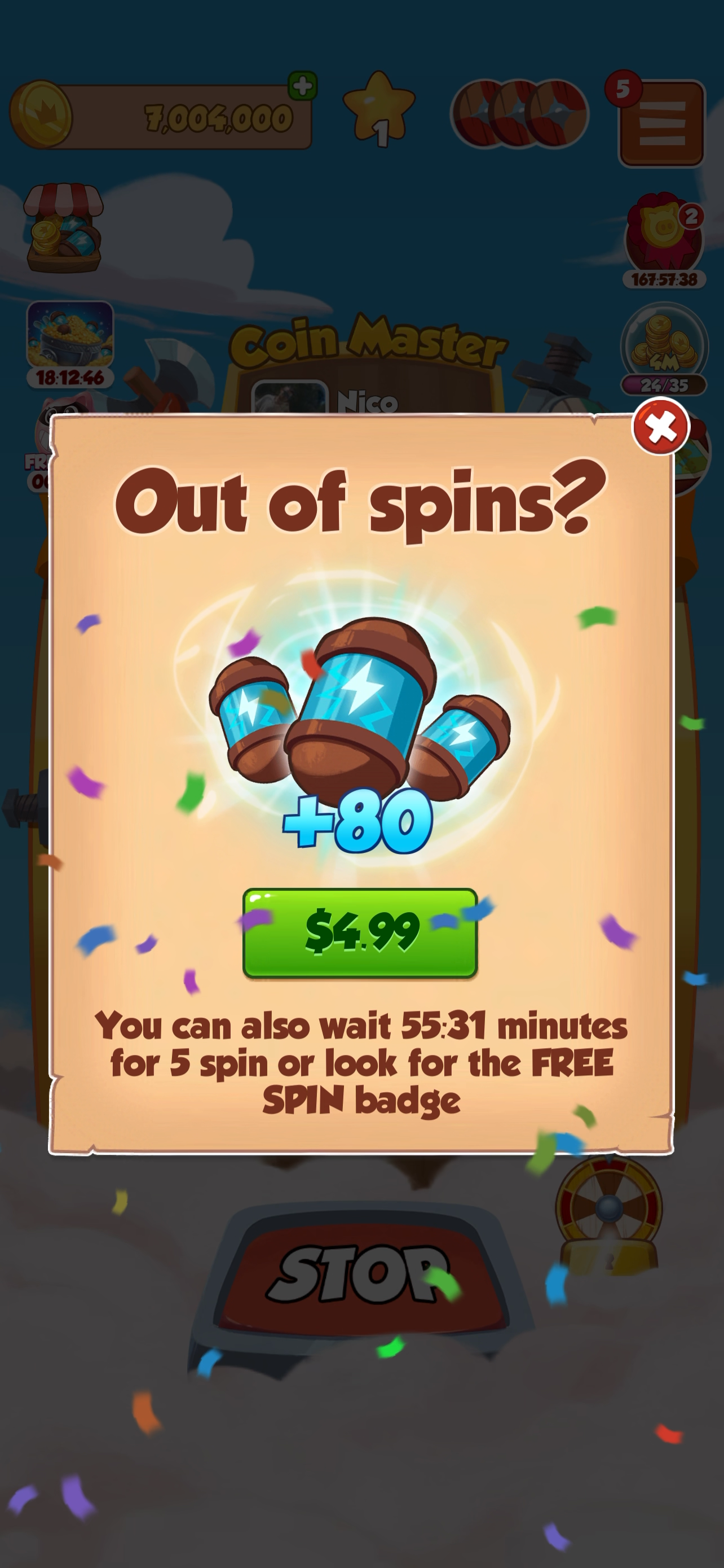 Coin Master out of spins — buy more or wait.