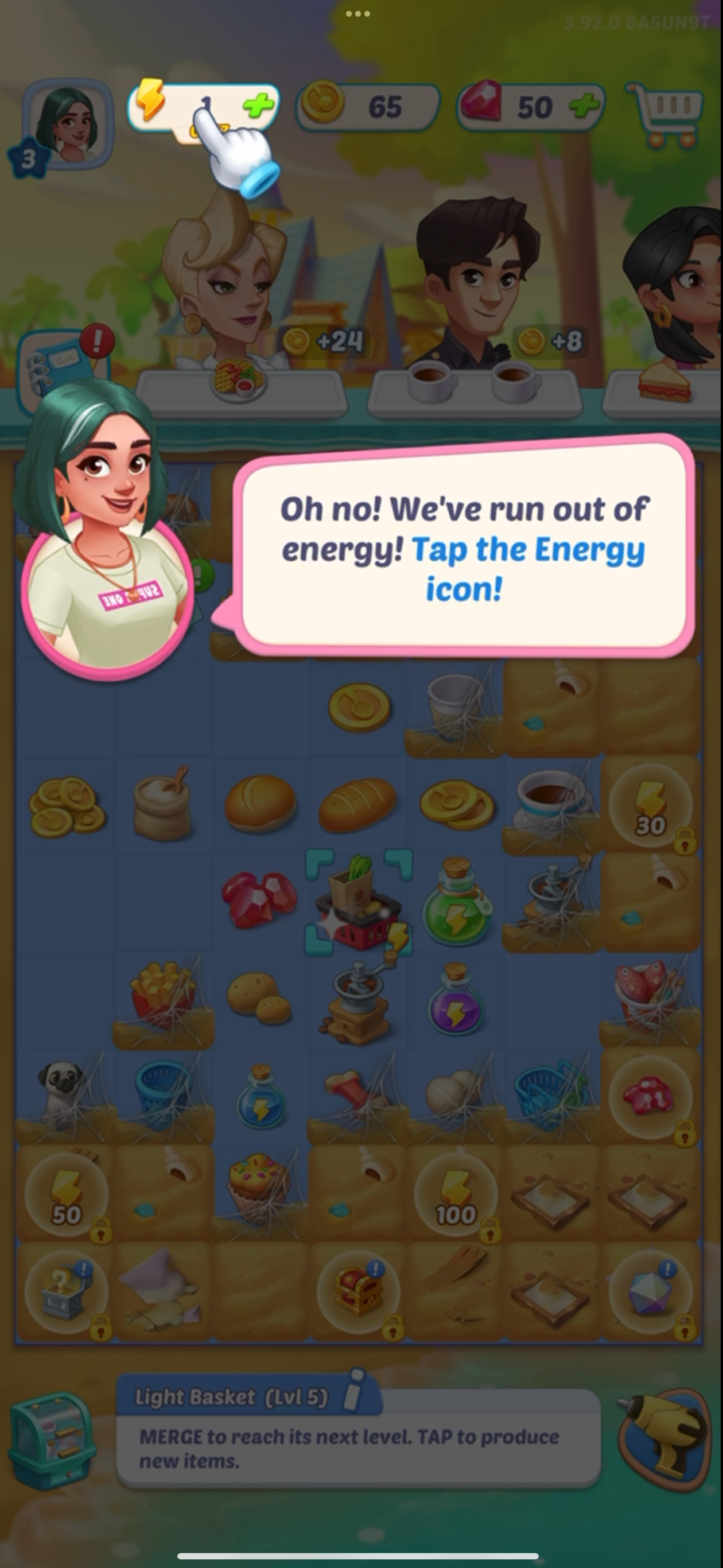 Gossip Harbor out of energy — buy more to continue merging.