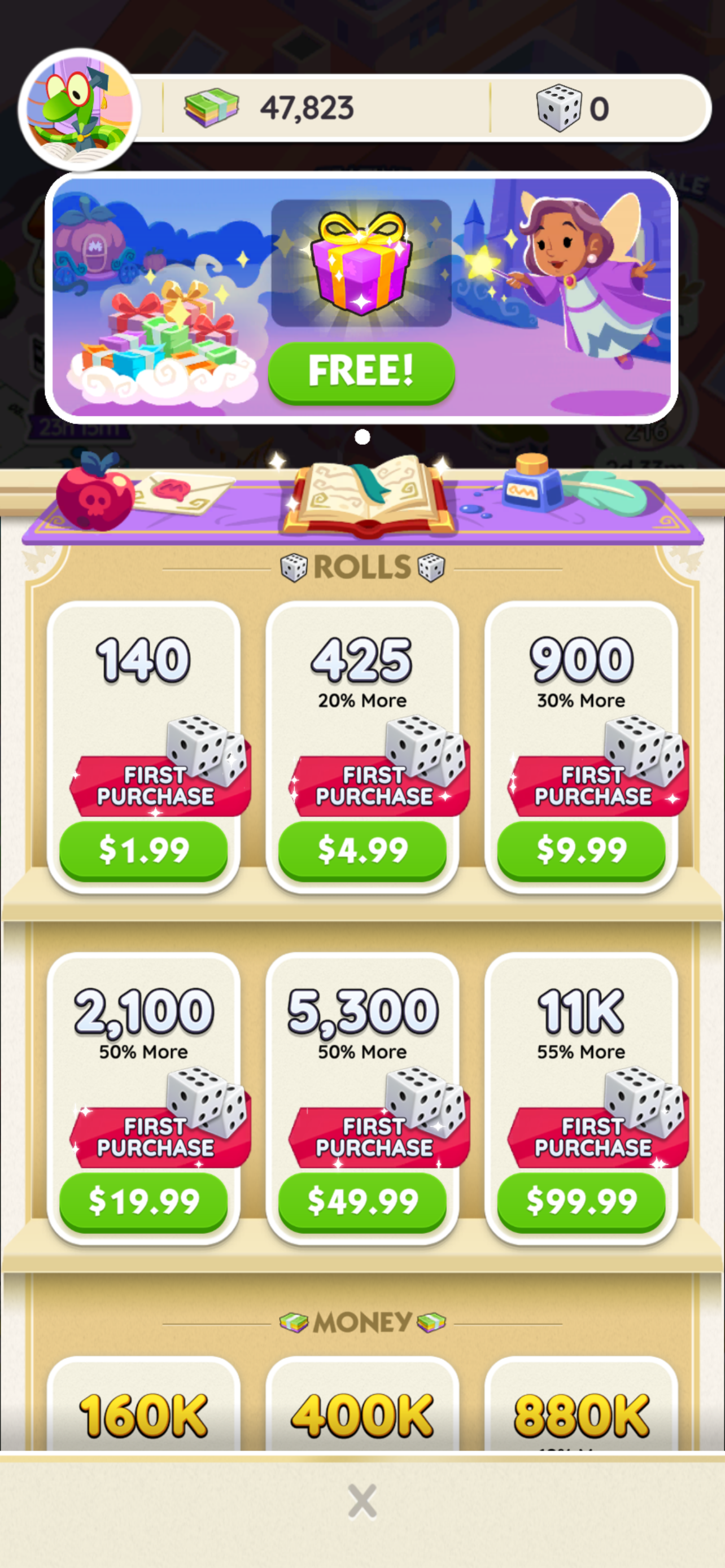 Monopoly Go! out of dice — the store’s roll bundles, $1.99 to $99.99.