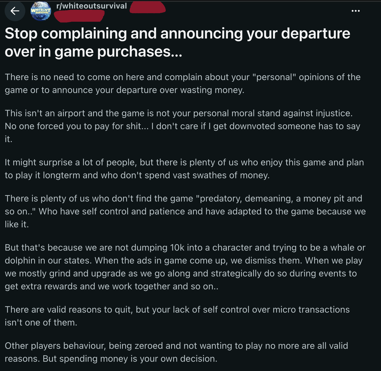 A social-media post debating personal accountability and spending in free-to-play games.