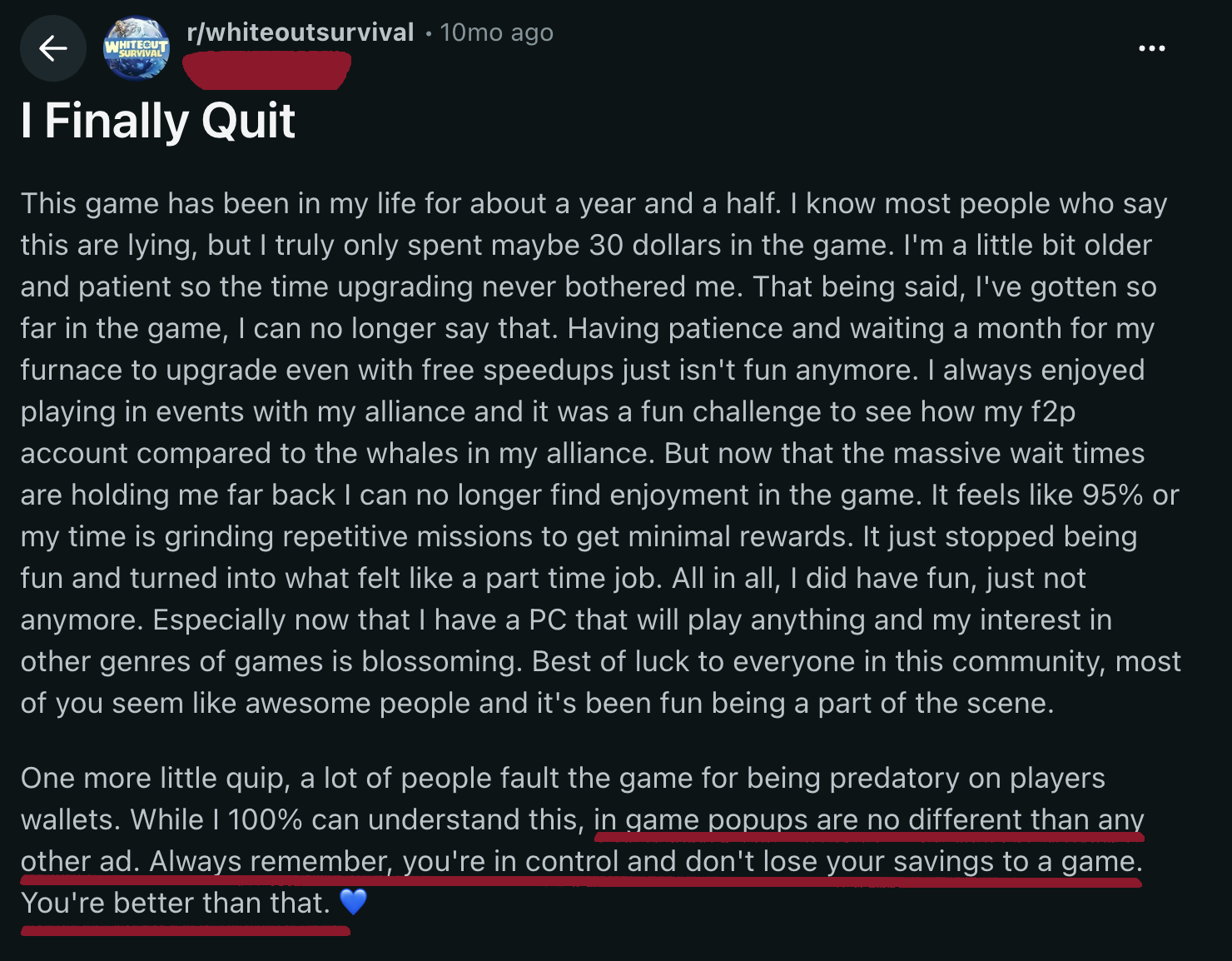 A social-media post debating personal accountability and spending in free-to-play games.