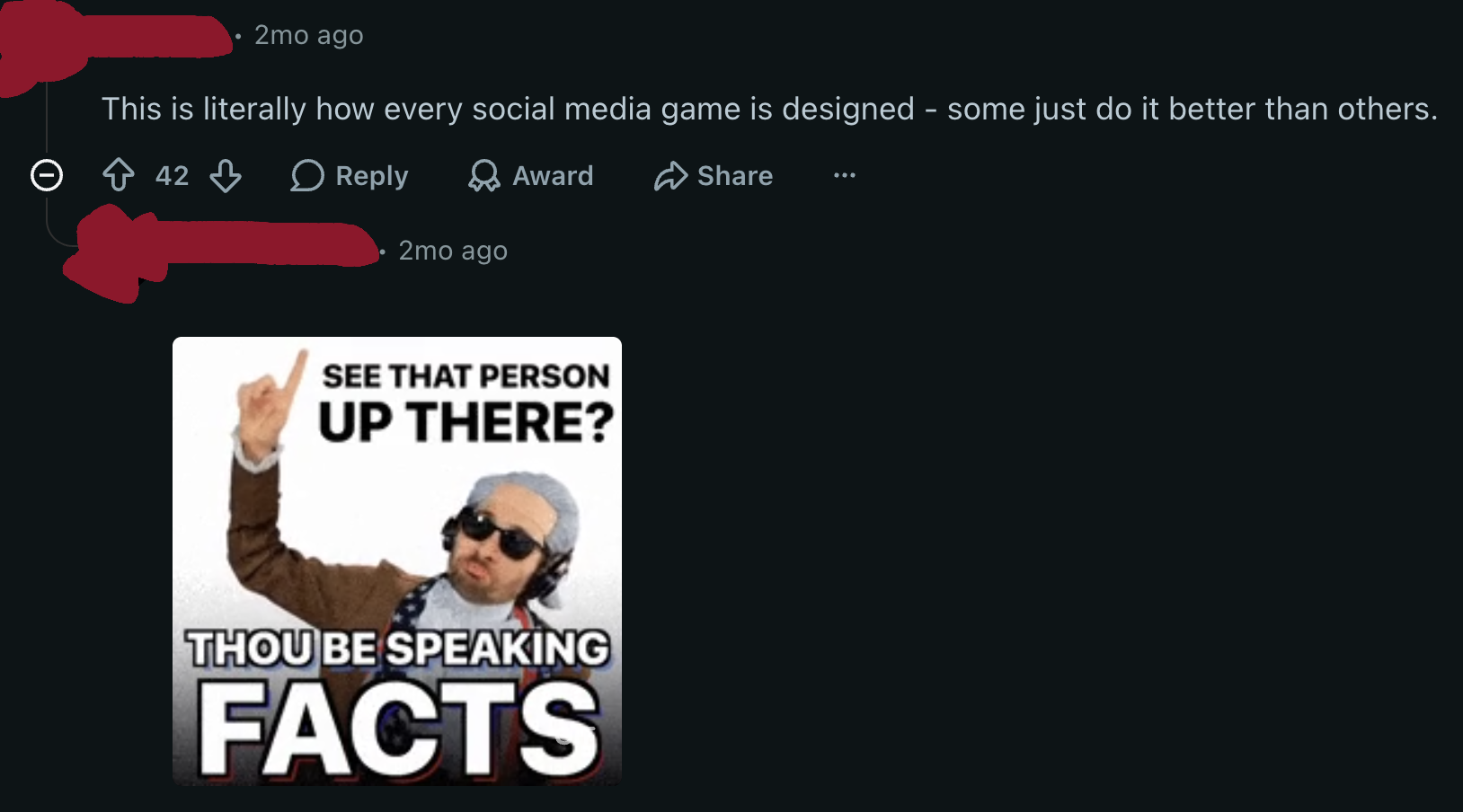 A social-media post debating personal accountability and spending in free-to-play games.