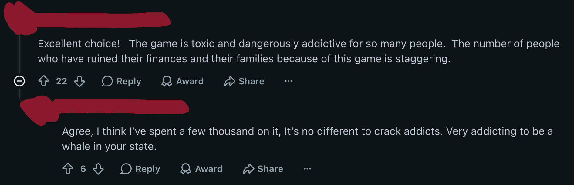 Reddit comments describing the game as toxic and financially ruinous.