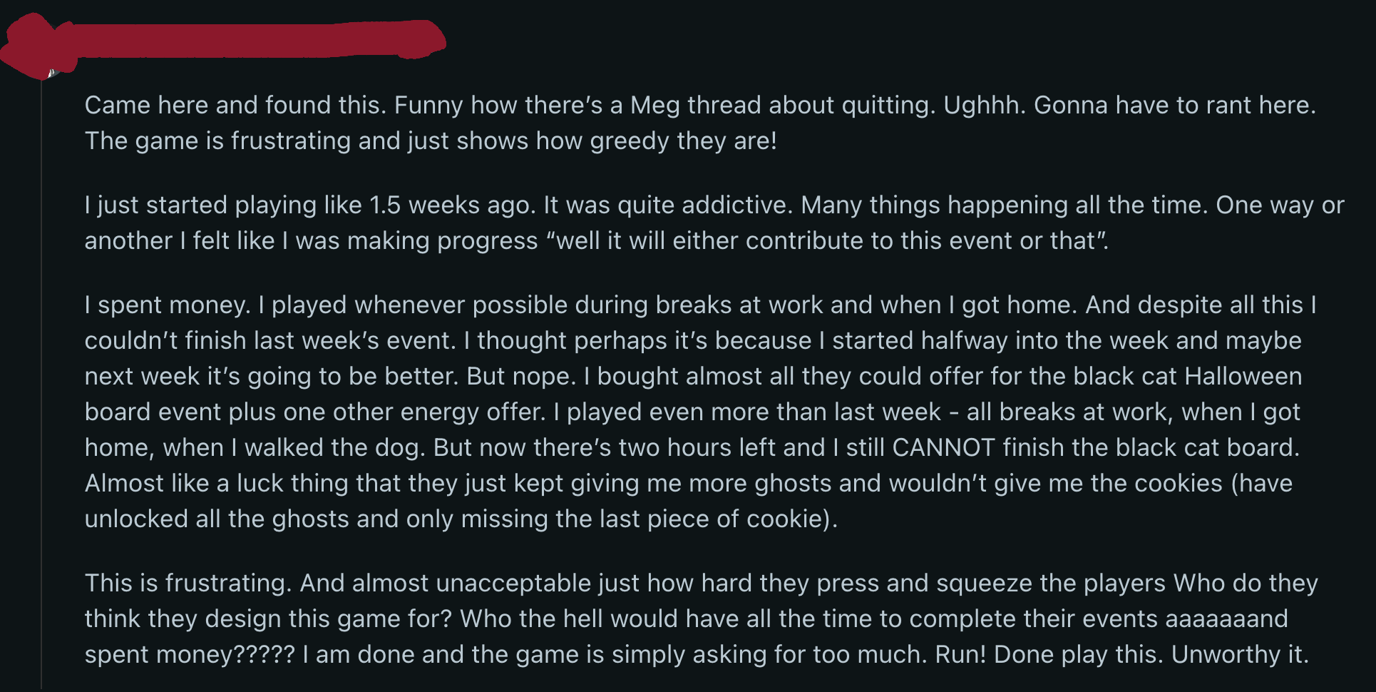 A Reddit post ranting about how hard the game pressures players to spend.