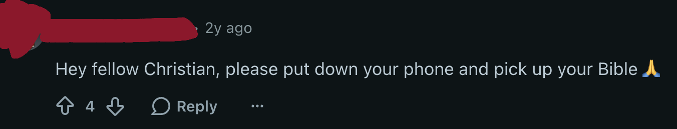 A Reddit comment: “Hey fellow Christian, please put down your phone and pick up your Bible.”