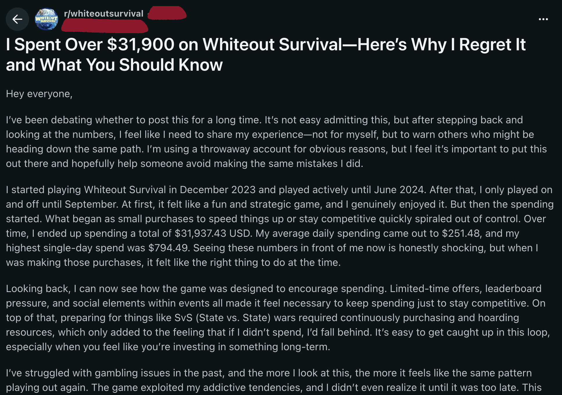 A Reddit post detailing large spending and regret over a free-to-play game.