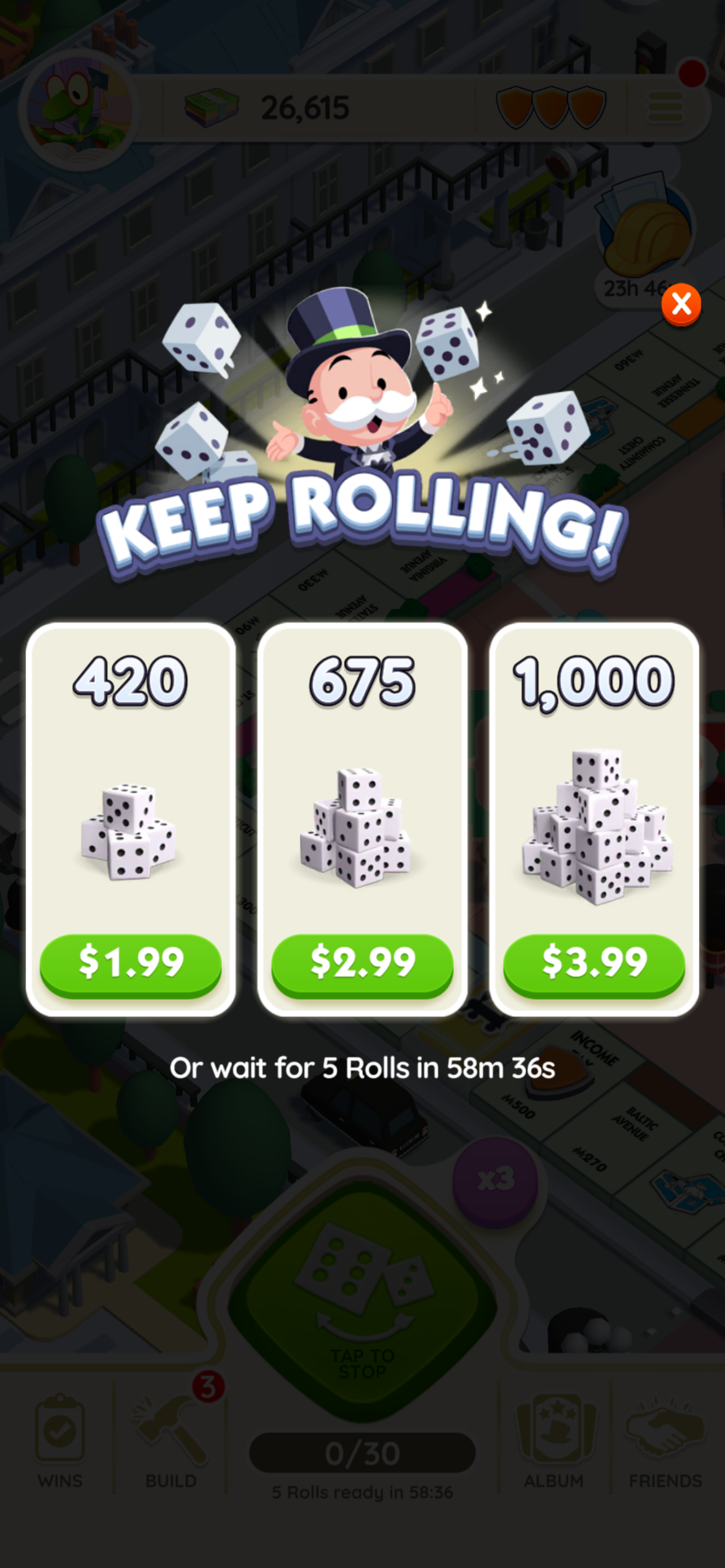 Monopoly Go! offering a large number of dice rolls for $1.99.