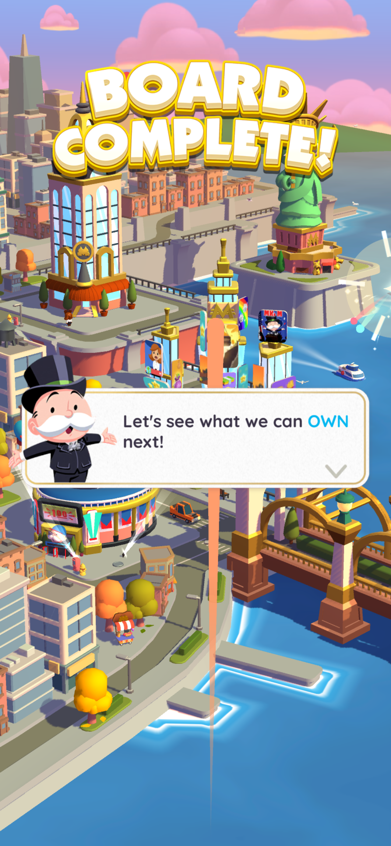 Mr. Monopoly urging the player on to the next board.