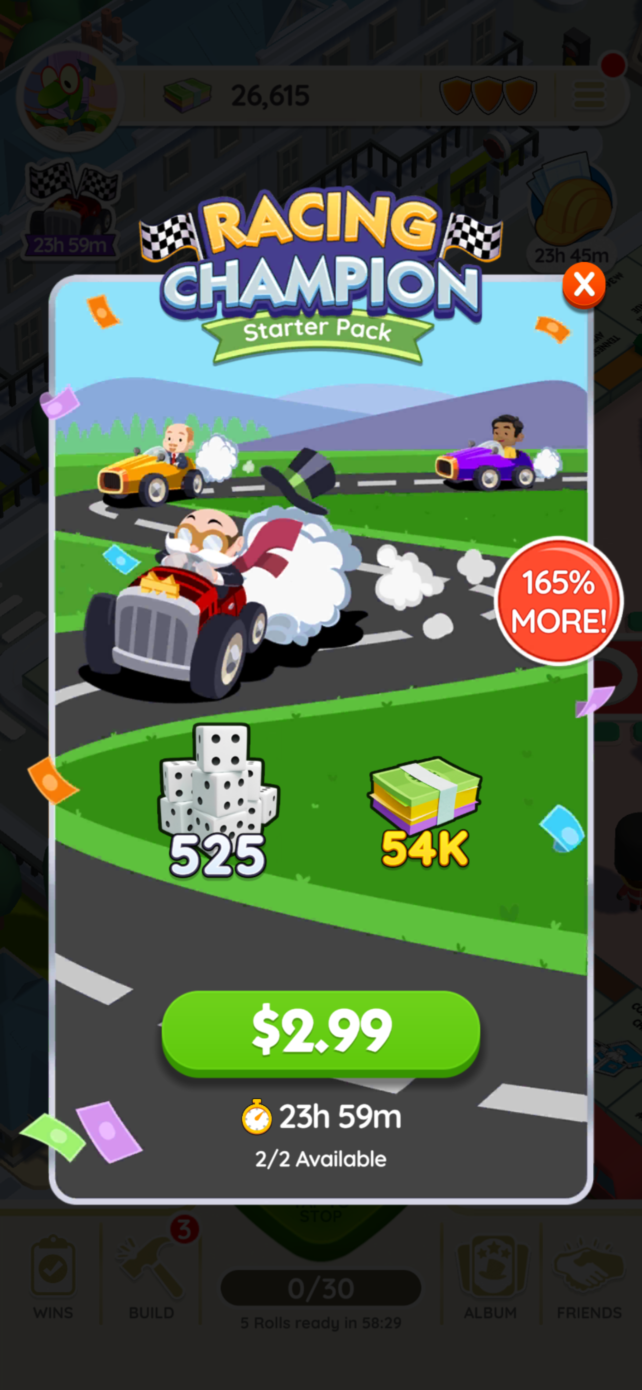 A Monopoly Go! “Racing Champion Starter Pack” for $2.99, badged “165% MORE!,” on a 24-hour countdown.