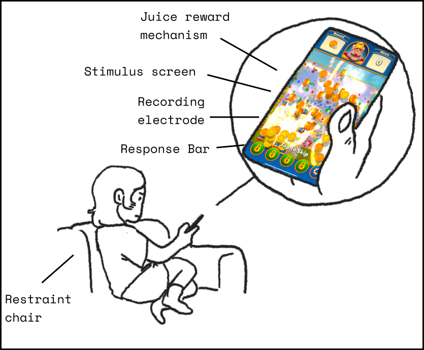 The same setup redrawn again with a person in a restraint chair staring at a smartphone, the phone screen labeled as the stimulus screen and reward mechanism.