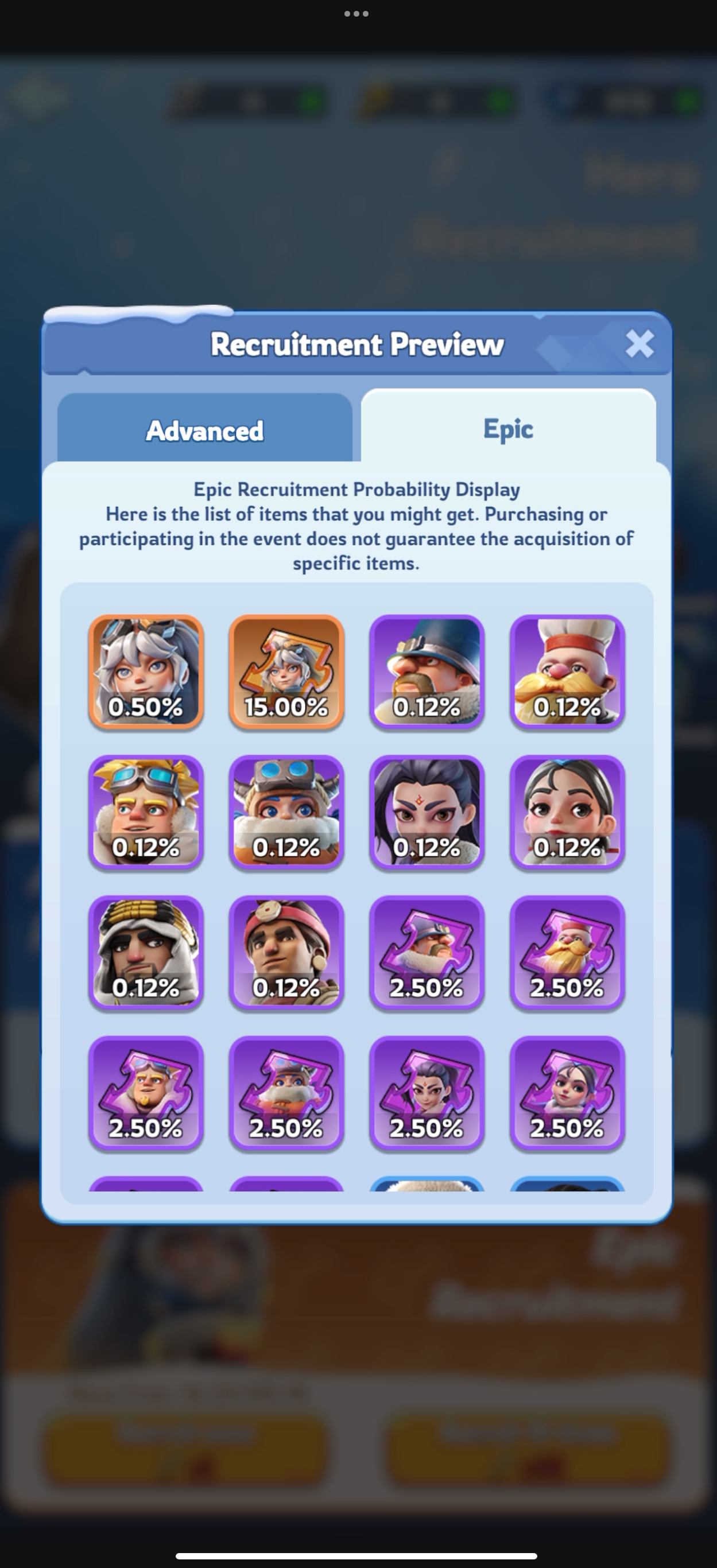 The Whiteout Survival recruitment odds, tucked in a side window: heroes at 0.50%, 0.12%, 2.50%, one at 15.00%, with a note that participating doesn’t guarantee any specific item.