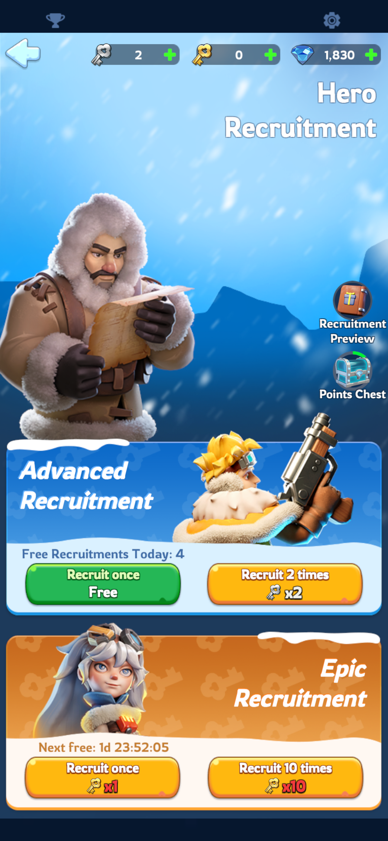 The Whiteout Survival Hero Recruitment screen with its blind-box “Recruitment Preview.”