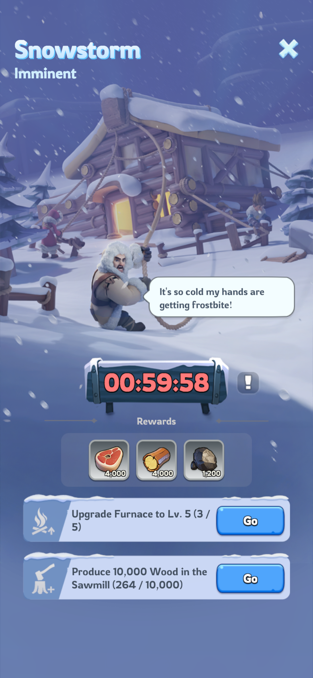 A Whiteout Survival storm-preparation event with a one-hour countdown and tasks.
