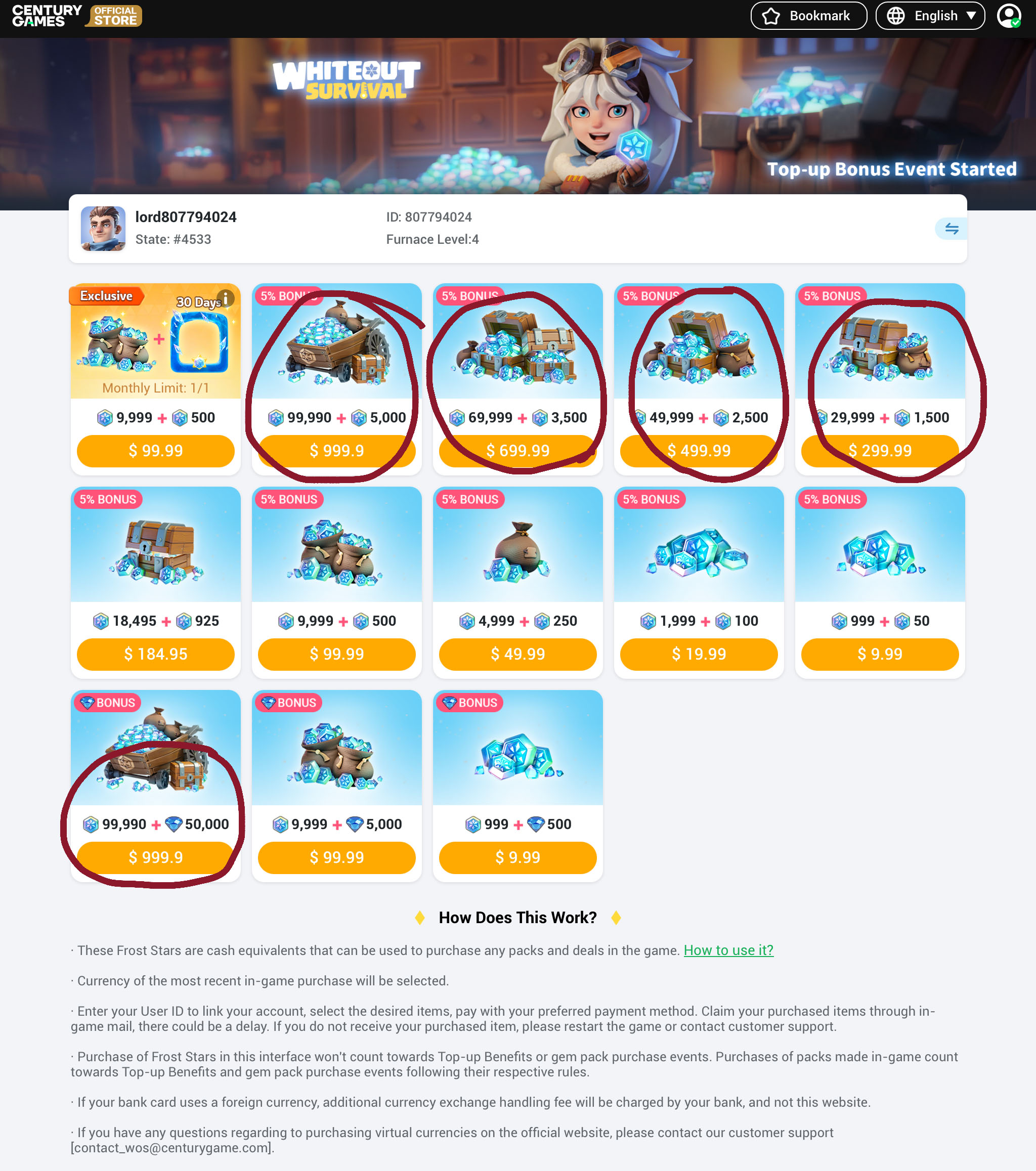 The Whiteout Survival top-up shop — the scale of spending available to whales.