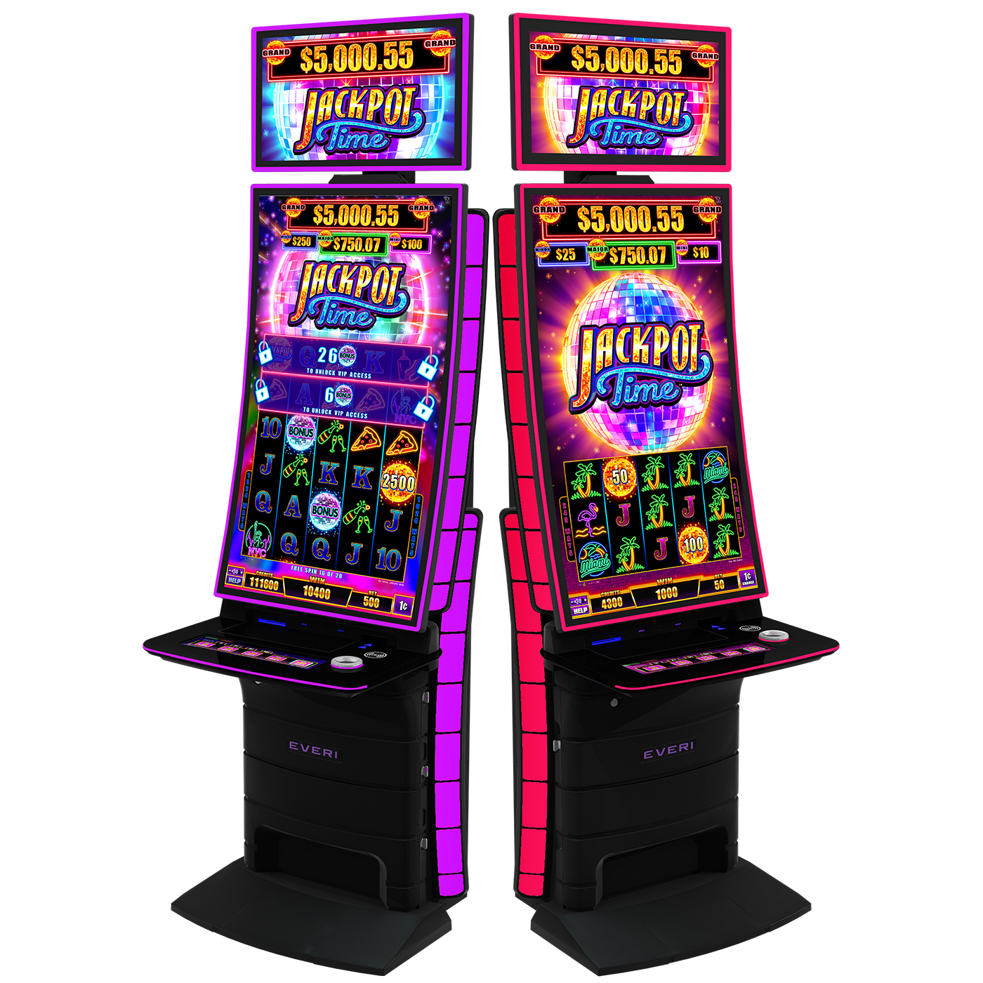 Two 2025 slot cabinets with tall curved digital displays branded ‘Jackpot Time,’ showing a $5,000.55 jackpot.